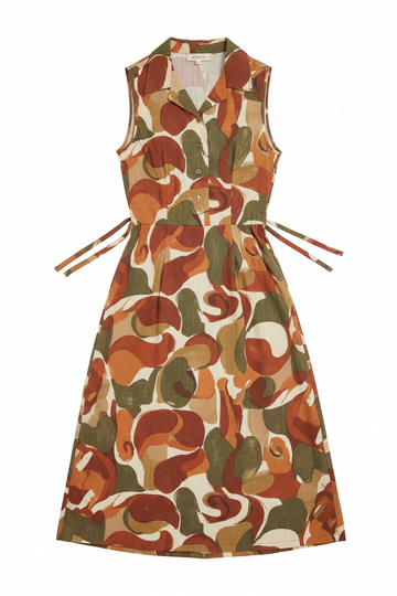 90s earth tone print sleeveless collar midi dress