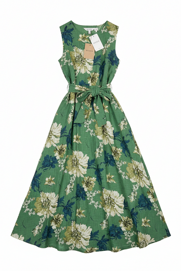 Boden green floral tie waist linen dress