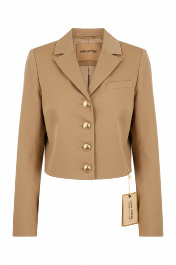 Tan crop jacket w gold buttons